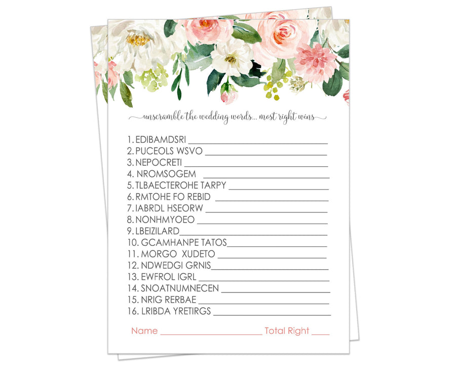 Wedding Word Scramble Graceful Floral Bridal Shower Game - Unscramble Activity with Pink and Gold Greenery, 5x7 Cards for 25 Guests - Paper Clever Party