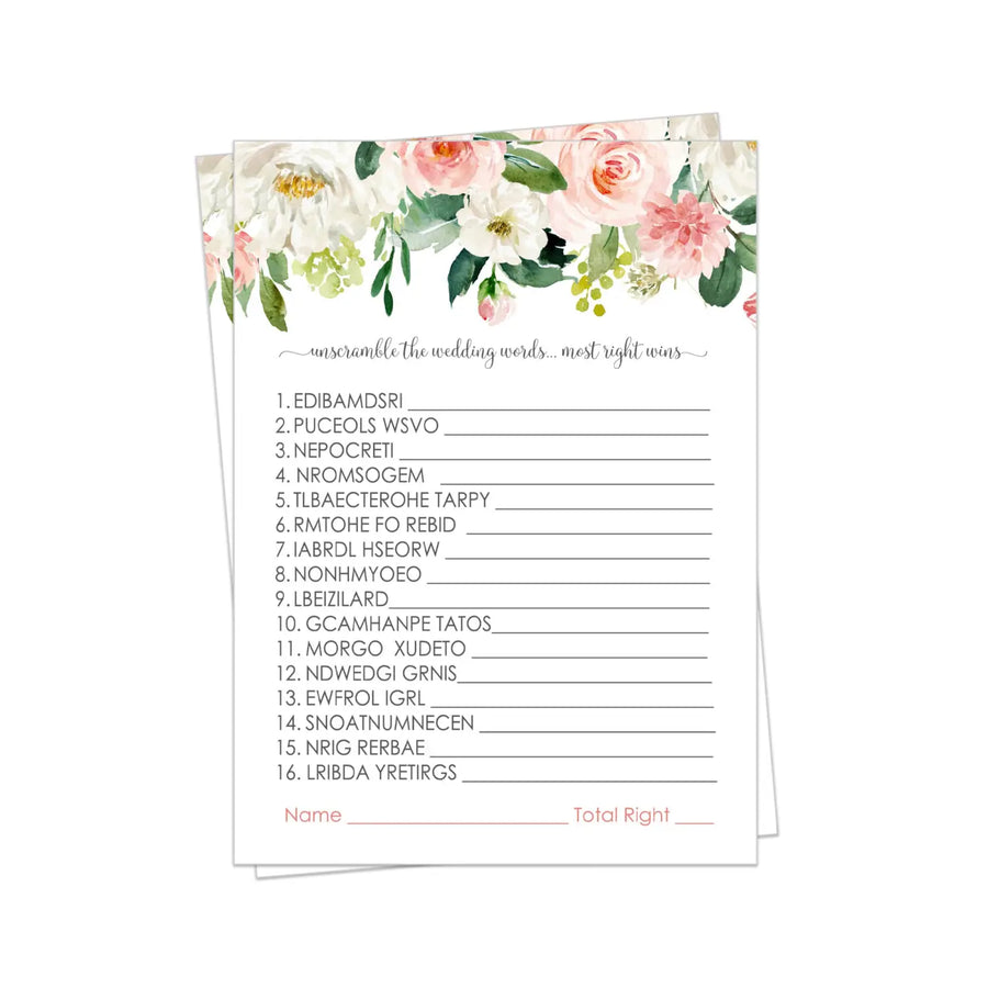 Wedding Word Scramble Graceful Floral Bridal Shower Game - Unscramble Activity with Pink and Gold Greenery, 5x7 Cards for 25 Guests - Paper Clever Party