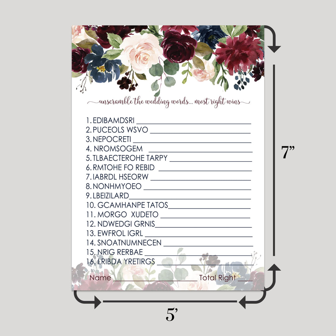 Wedding Word Scramble Indigo Floral Bridal Shower Game - Burgundy and Navy, 5x7 Cards for 25 Guests - Paper Clever Party