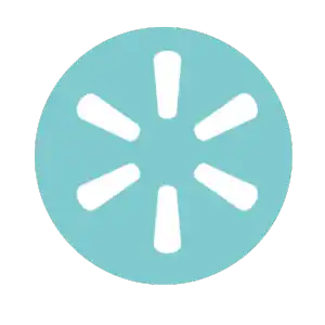 White asterisk-like symbol on a turquoise circular background.