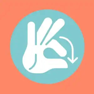 White hand gesture making an ’OK’ sign with a curved arrow in a turquoise circle.