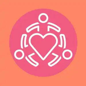 White icon showing three stick figures surrounding a heart in a circular formation.