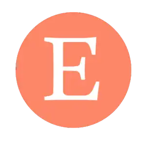 White letter ’E’ on a coral-colored circular background.