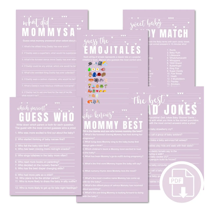 Wild lilac baby shower games instant download gender neutral printable activities coed diy party bundle kit modern