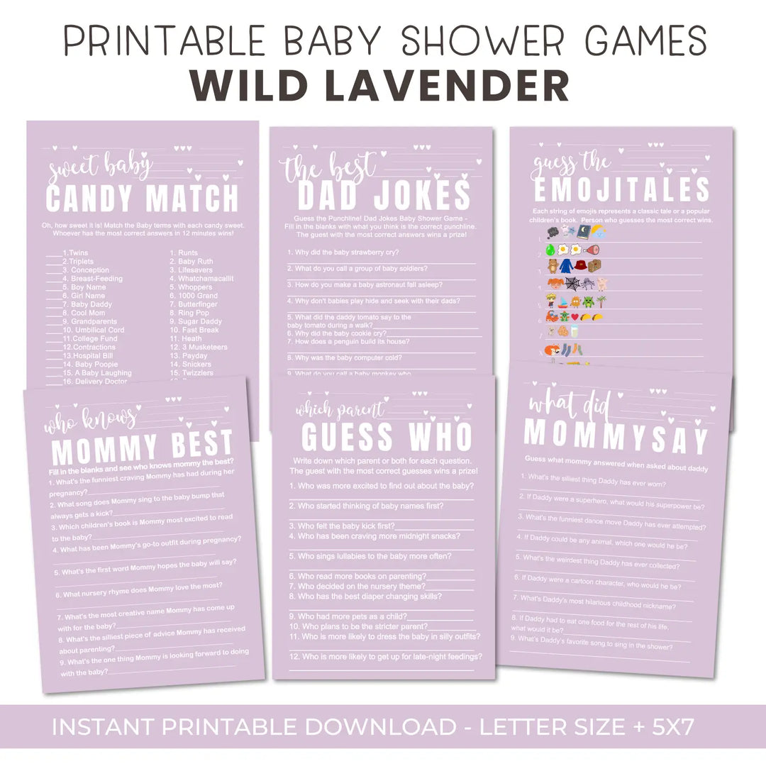Wild lilac baby shower games instant download gender neutral printable activities coed diy party bundle kit modern