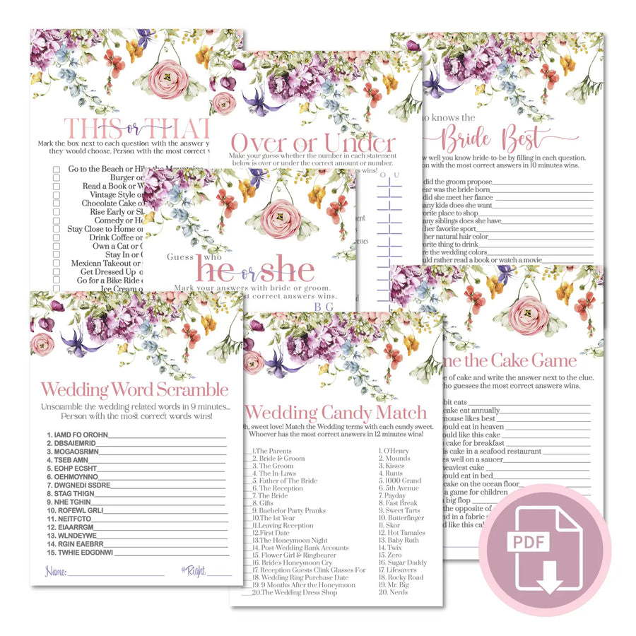 Wildflower bridal shower game instant download fun summer floral printable wedding activities pdf - party games