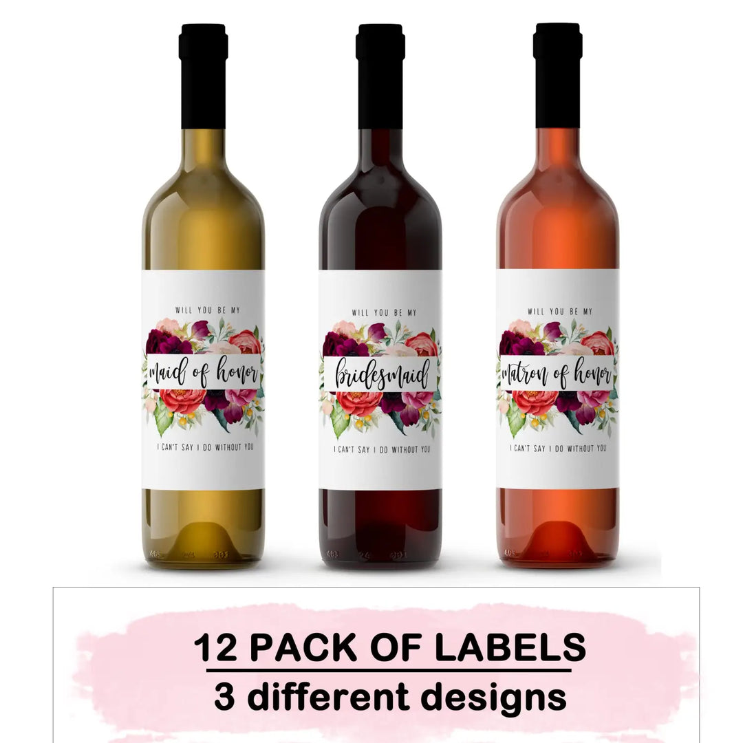 Wildflower Bridesmaid Wine Labels - 12 Pack - Charming Stickers for Wedding Party Invitations - Paper Clever Party