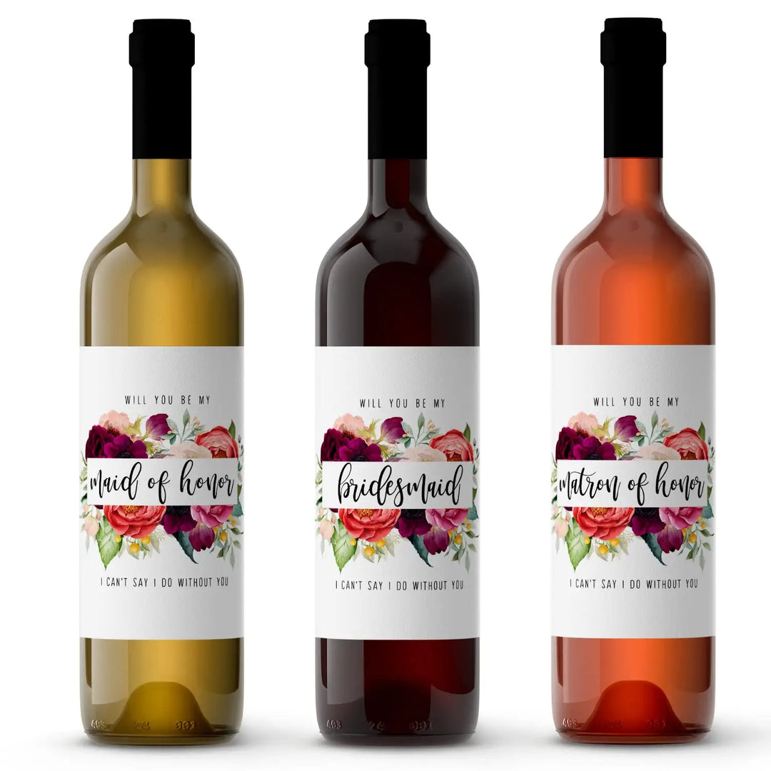 Wildflower Bridesmaid Wine Labels - 12 Pack - Charming Stickers for Wedding Party Invitations - Paper Clever Party