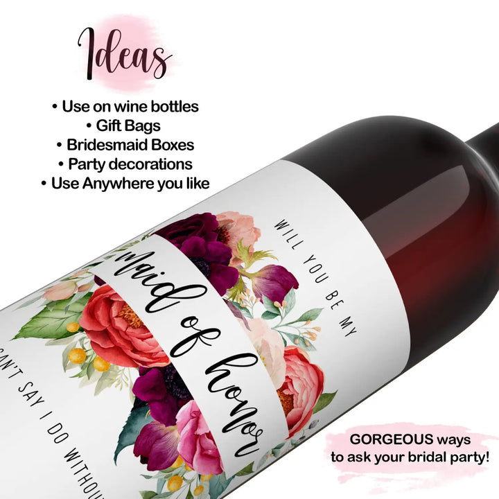 Wildflower Bridesmaid Wine Labels - 12 Pack - Charming Stickers for Wedding Party Invitations - Paper Clever Party