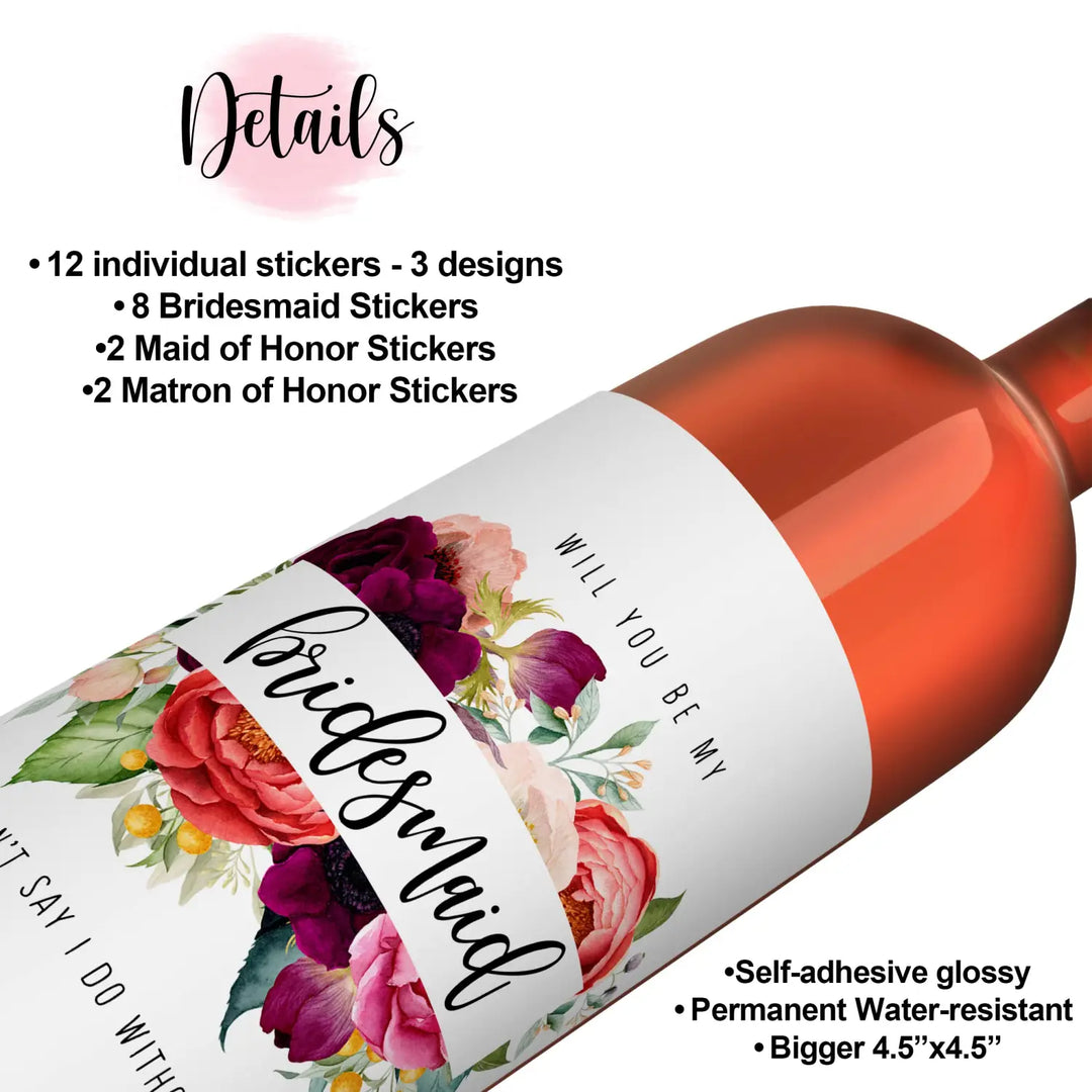 Wildflower Bridesmaid Wine Labels - 12 Pack - Charming Stickers for Wedding Party Invitations - Paper Clever Party