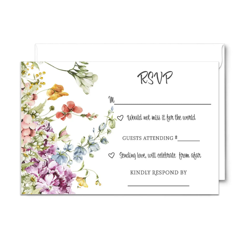 Wildflower Rustic Floral RSVP Cards - Wedding Response Set, 3.5x5, Envelopes Included, 25 Pack - Paper Clever Party