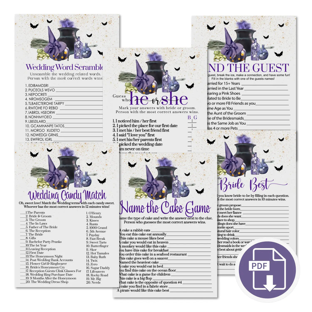 Witch is getting hitched bridal shower game bundle instant download halloween printable wedding games fun for guests