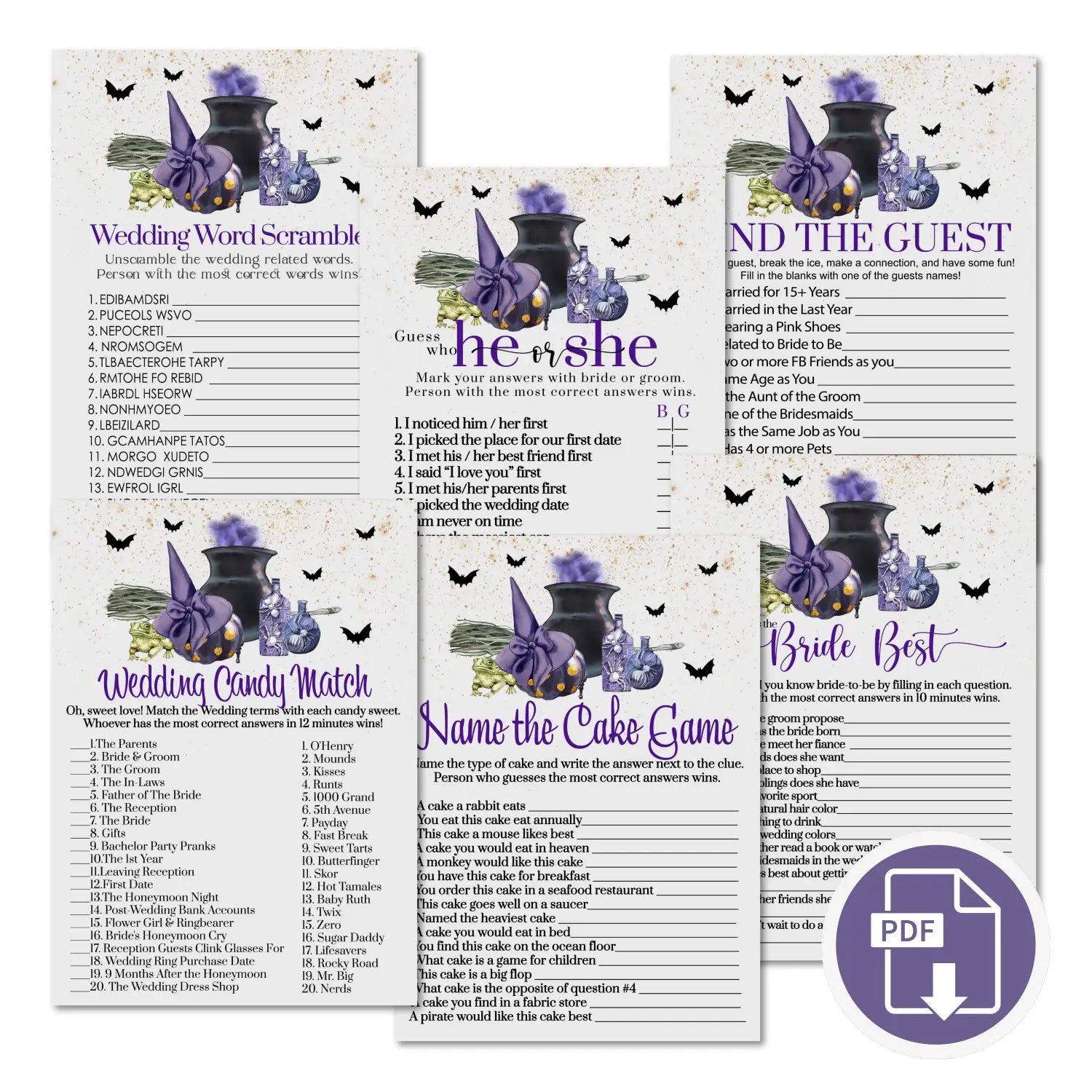 Witch is getting hitched bridal shower game bundle instant download halloween printable wedding games fun for guests