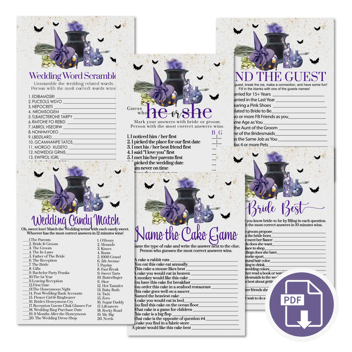 Witch is getting hitched bridal shower game bundle instant download halloween printable wedding games fun for guests