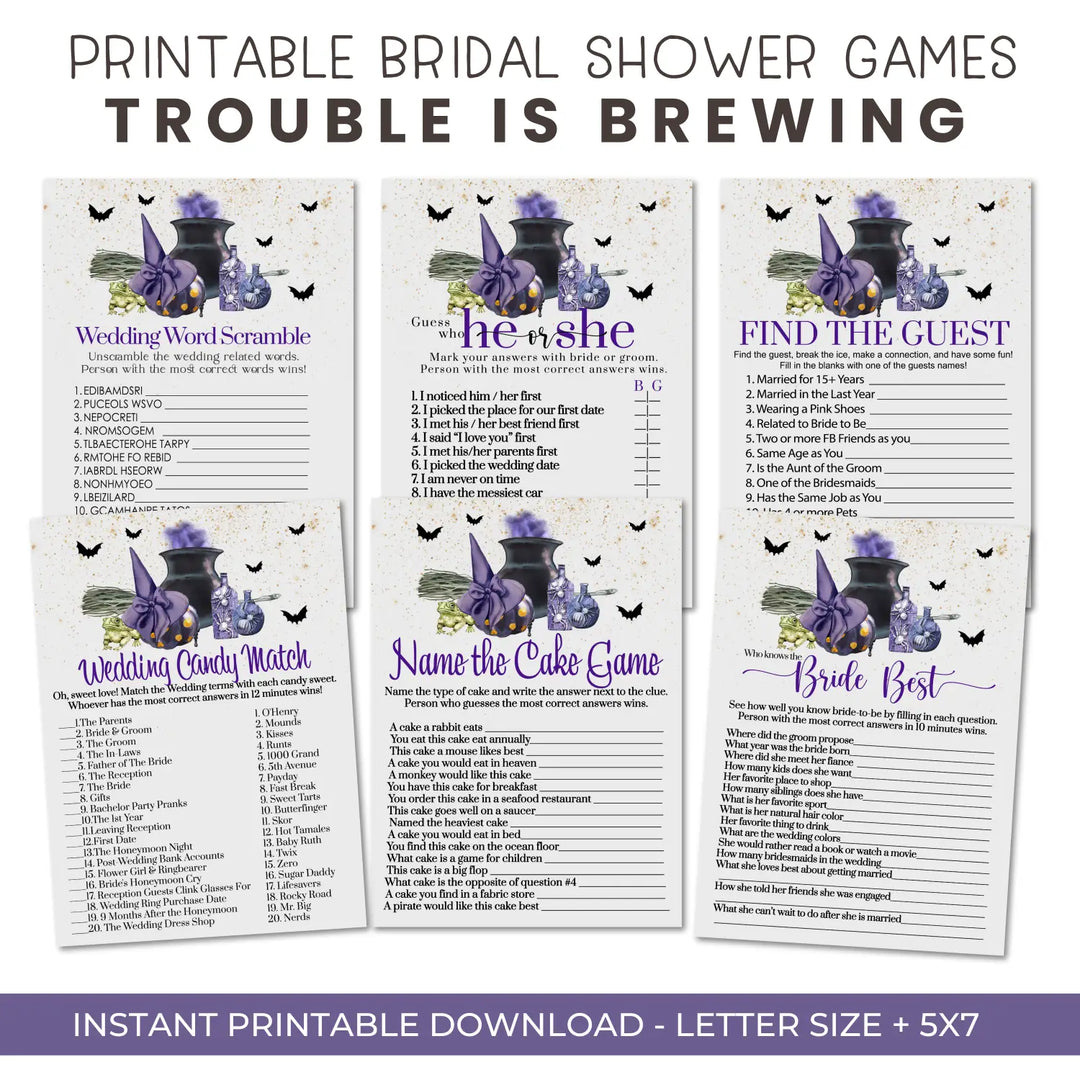 Witch is getting hitched bridal shower game bundle instant download halloween printable wedding games fun for guests