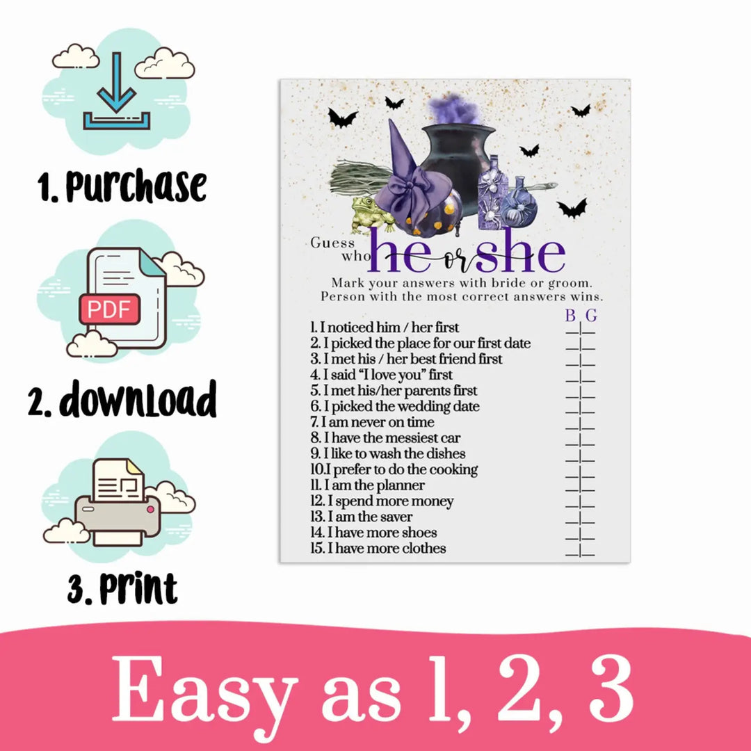 Witch is Getting Hitched He or She Bridal Shower Game Printable PDF Download Halloween - Paper Clever Party