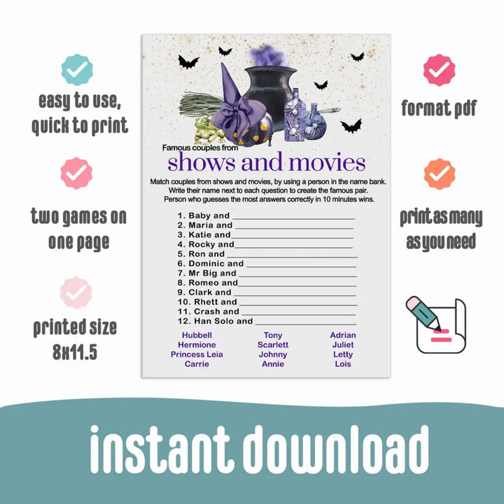 Witch is Getting Hitched Famous Movie Couples Game Digital Download Halloween - Paper Clever Party