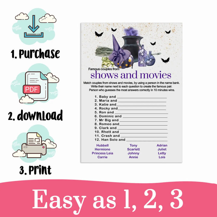 Witch is Getting Hitched Famous Movie Couples Game Digital Download Halloween - Paper Clever Party