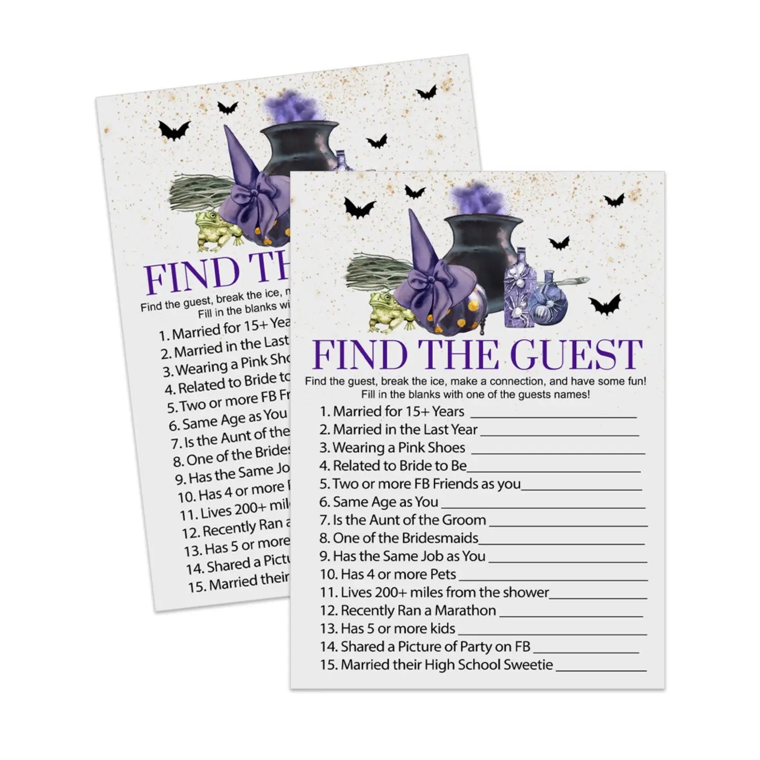 Witch is getting hitched find the guest bridal shower & wedding printable halloween purple - party games