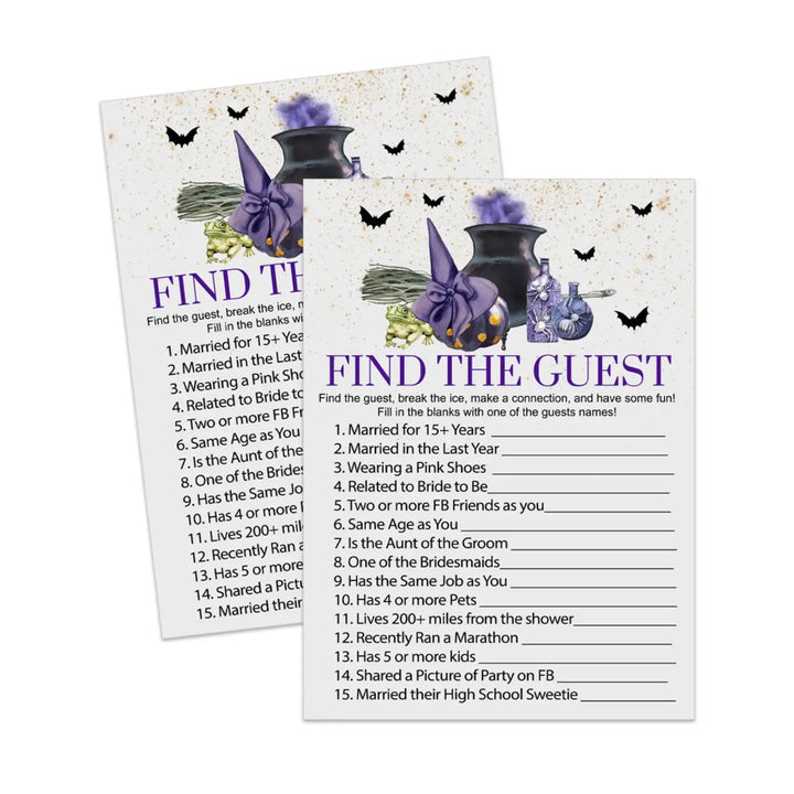 Witch is getting hitched find the guest bridal shower & wedding printable halloween purple - party games