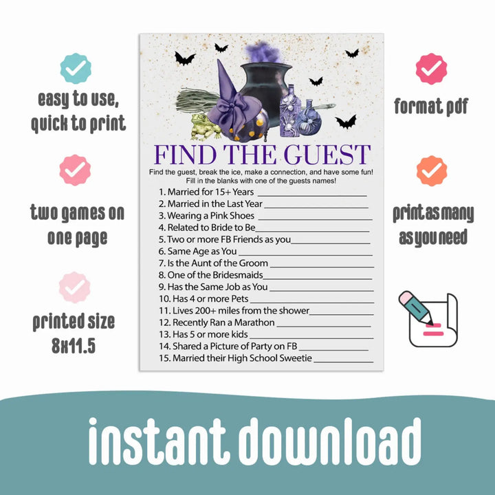 Witch is getting hitched find the guest bridal shower & wedding printable halloween purple - party games