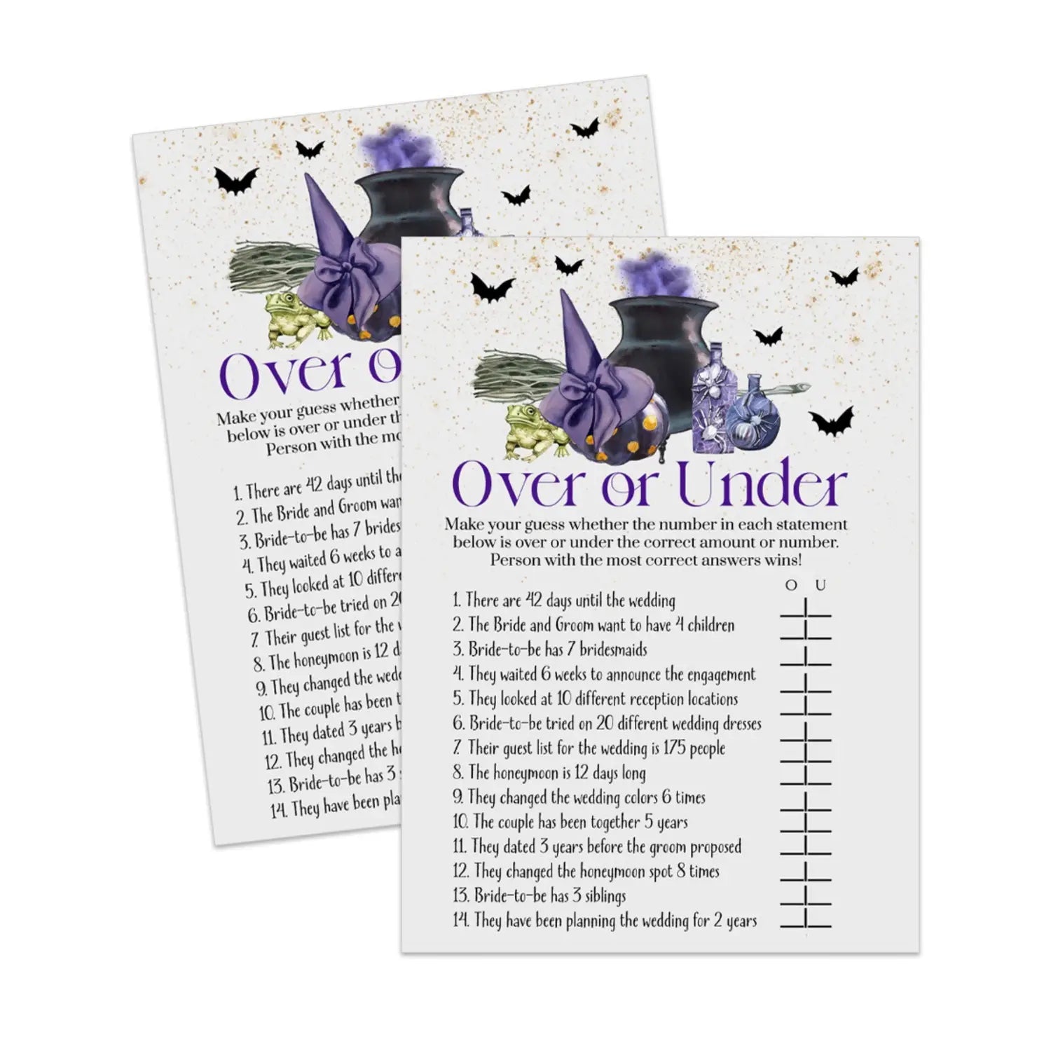 Witch is getting hitched over or under bridal shower game printable pdf download purple - party games