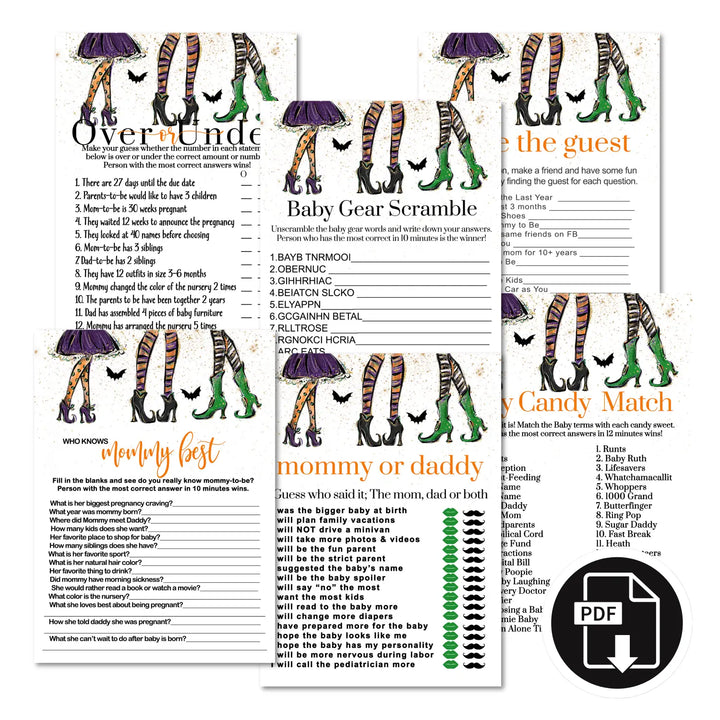 Witchy fun baby shower games bundle – halloween instant download printable activities is brewing digital game diy party