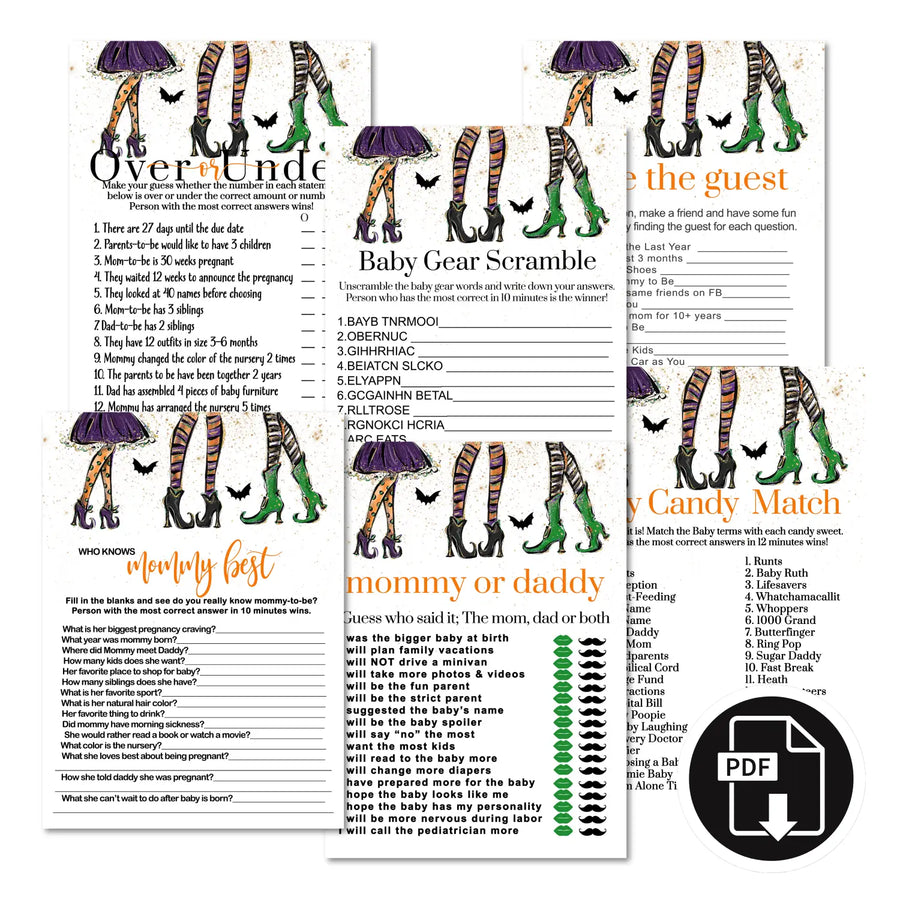 Witchy fun baby shower games bundle – halloween instant download printable activities is brewing digital game diy party