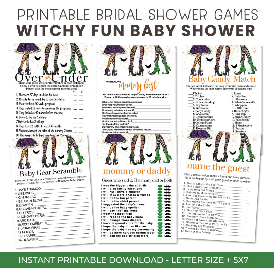 Witchy fun baby shower games bundle – halloween instant download printable activities is brewing digital game diy party