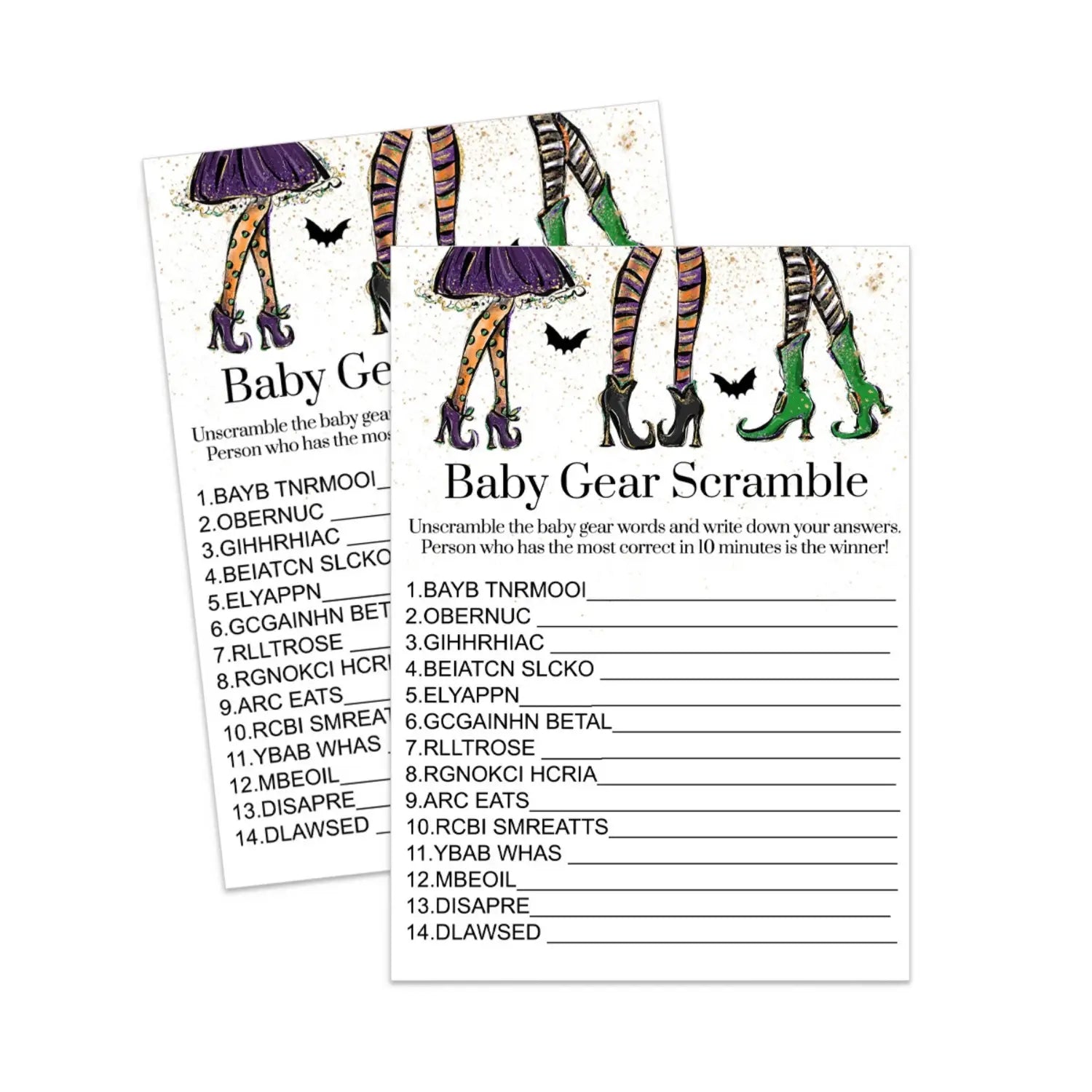 Witchy fun baby shower word scramble game halloween gender reveal printable download - party games
