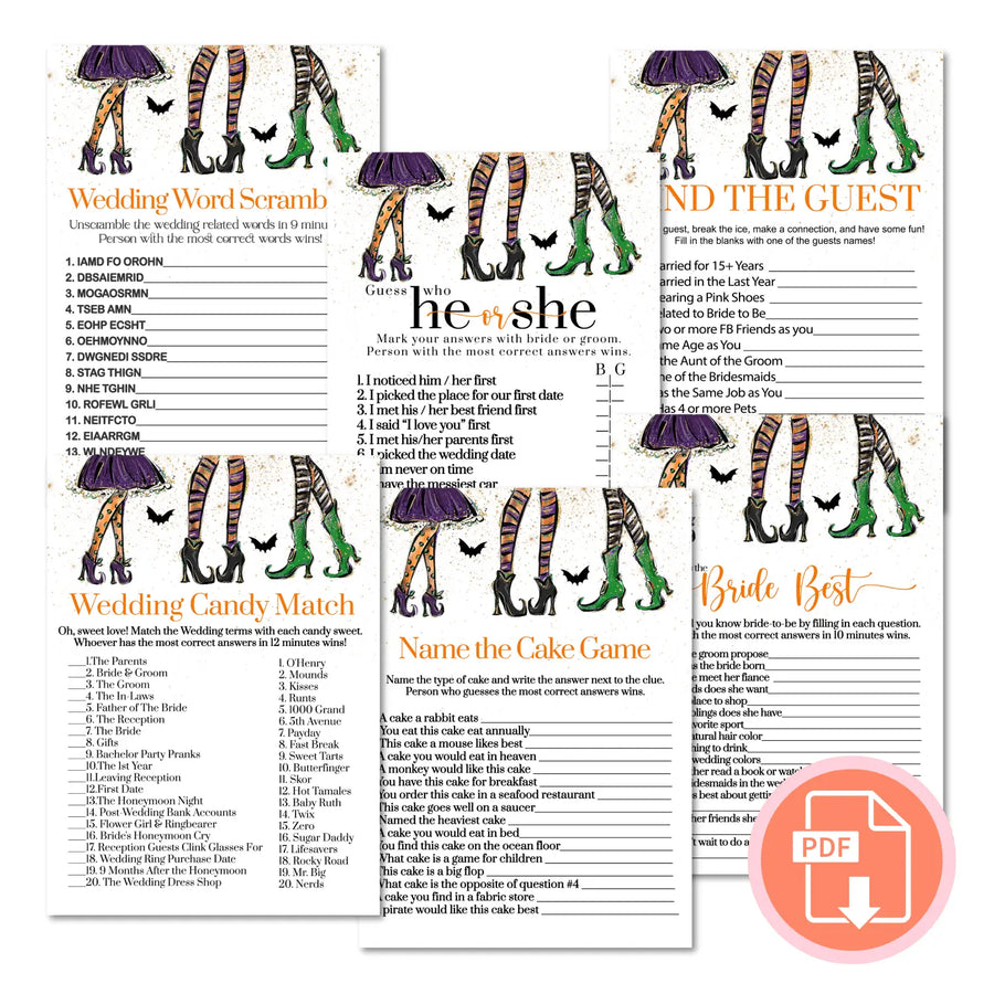 Witchy fun bridal shower game bundle instant download witch halloween printable wedding games for guests easy print pdf