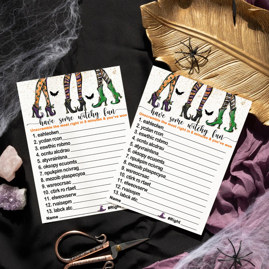 Witchy Fun Word Scramble Game Halloween Party Activity for Witch Showers, Fall Festival, Adults, Wedding, Pumpkin Favors, 5x7 Cards, 25 Guests - Paper Clever Party