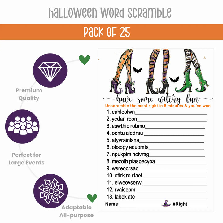 Witchy Fun Word Scramble Game Halloween Party Activity for Witch Showers, Fall Festival, Adults, Wedding, Pumpkin Favors, 5x7 Cards, 25 Guests - Paper Clever Party