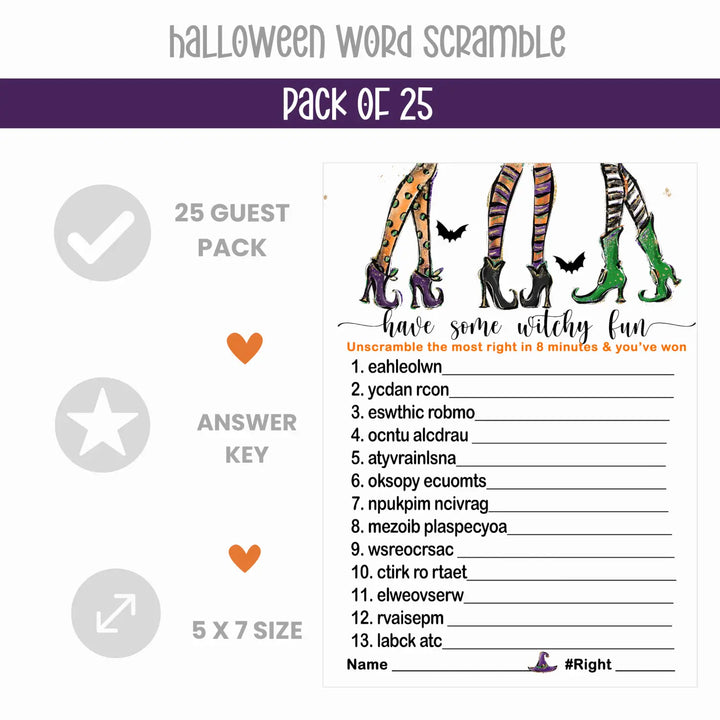 Witchy Fun Word Scramble Game Halloween Party Activity for Witch Showers, Fall Festival, Adults, Wedding, Pumpkin Favors, 5x7 Cards, 25 Guests - Paper Clever Party