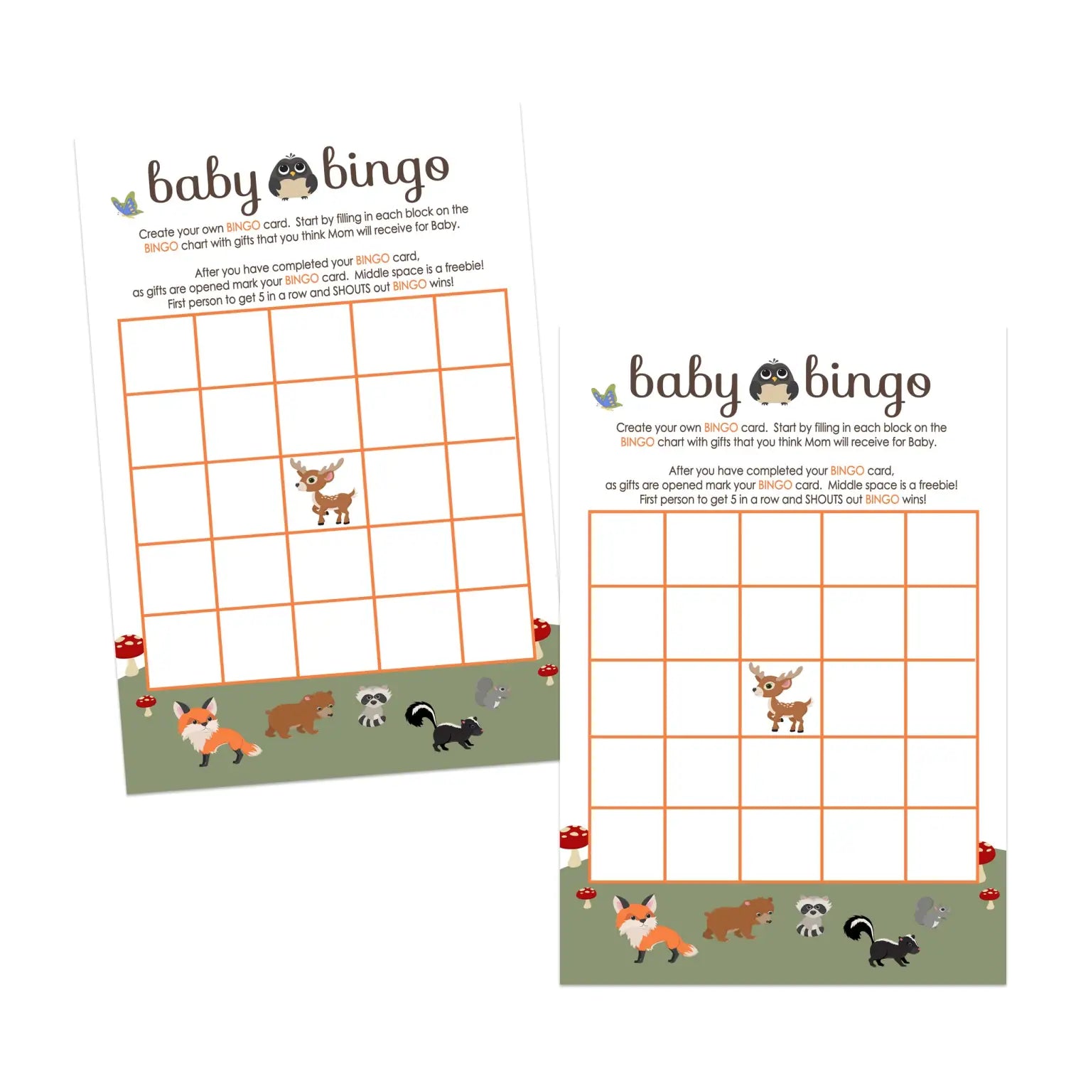 Woodland forest baby shower bingo game - rustic gender neutral design - party games