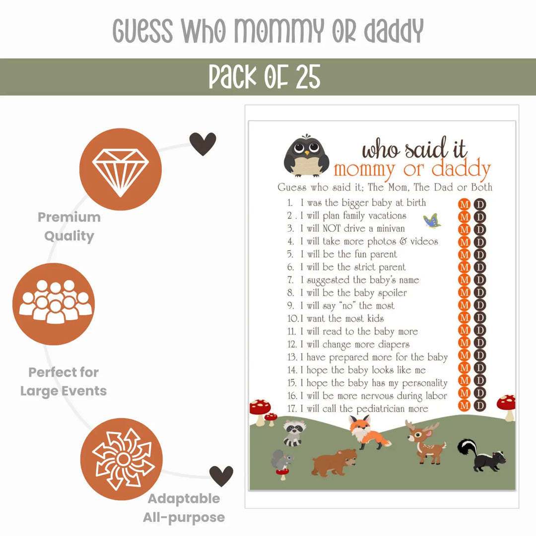 Woodland Mommy or Daddy Baby Shower Game 25 Guest Pack - Paper Clever Party