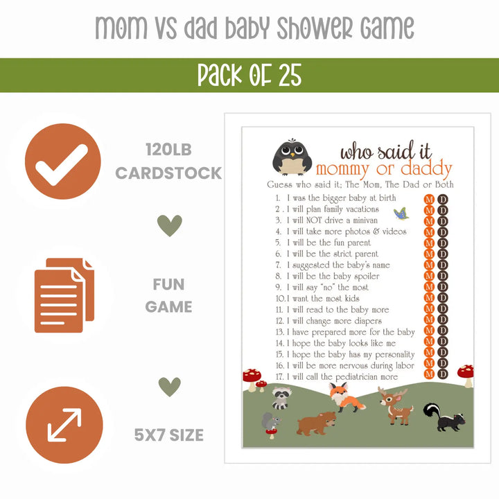 Woodland Mommy or Daddy Baby Shower Game 25 Guest Pack - Paper Clever Party