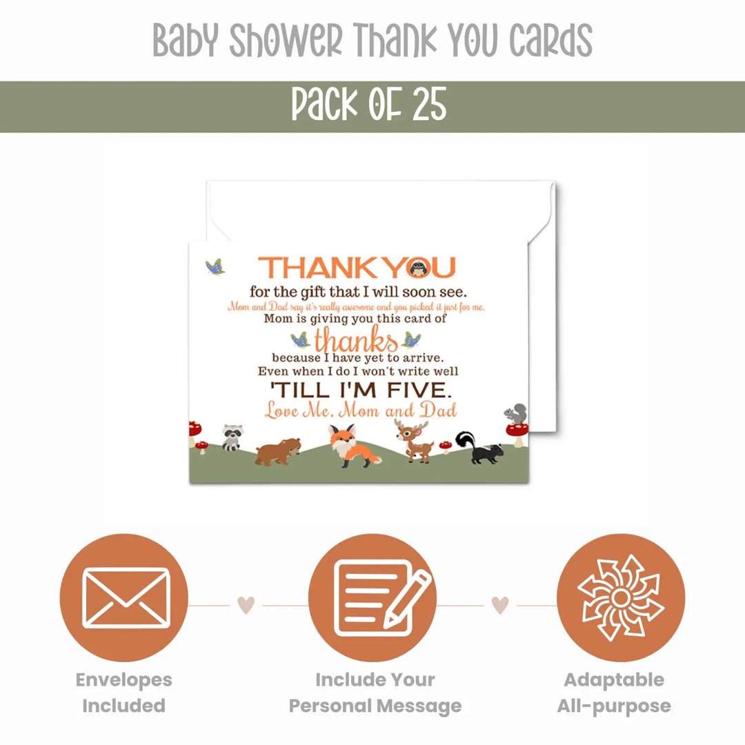 Woodland Thank You Cards for Baby Shower – Gender Neutral Notecards (Pack of 25) - Paper Clever Party