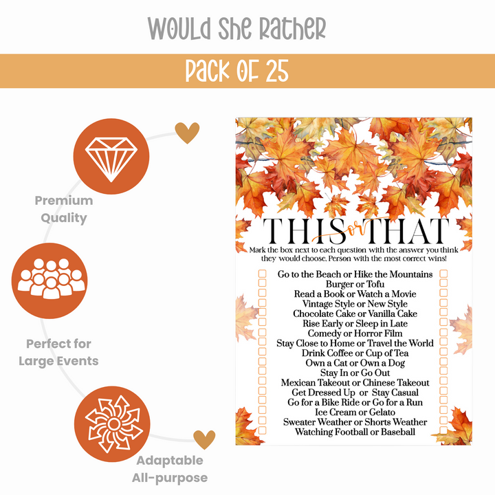 Would She Rather Fall Bridal Shower Game - Halloween Birthday or Wedding Fun, 25 Cards for the Bride’s Best Moments - Paper Clever Party