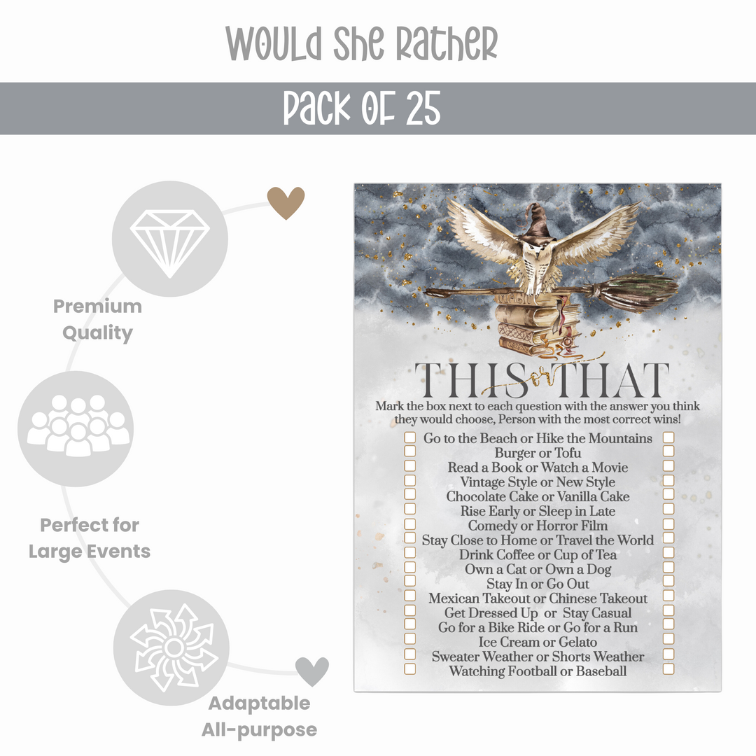 Would She Rather Magic Wizard Bridal Shower Game - Halloween Birthday Party Activity - Black & Gold Owl Design - 25 Guests - Paper Clever Party