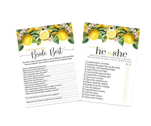 Would She Rather Main Squeeze Bridal Shower Game - Lemon & Greenery This or That, 5x7 Cards for 25 Guests - Paper Clever Party