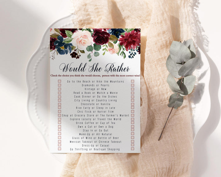 Would She Rather Rustic Burgundy & Navy Indigo Floral Bridal Shower Game - 5x7 Cards for 25 Guests - Paper Clever Party