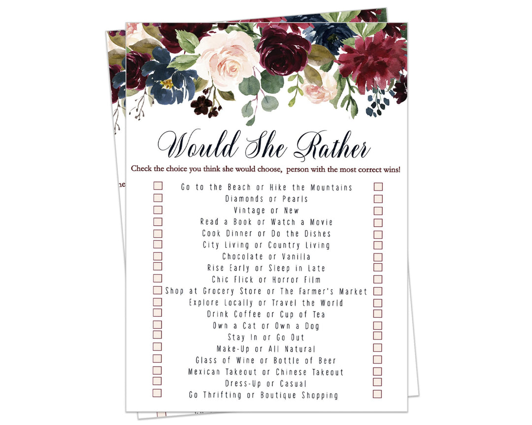 Would She Rather Rustic Burgundy & Navy Indigo Floral Bridal Shower Game - 5x7 Cards for 25 Guests - Paper Clever Party