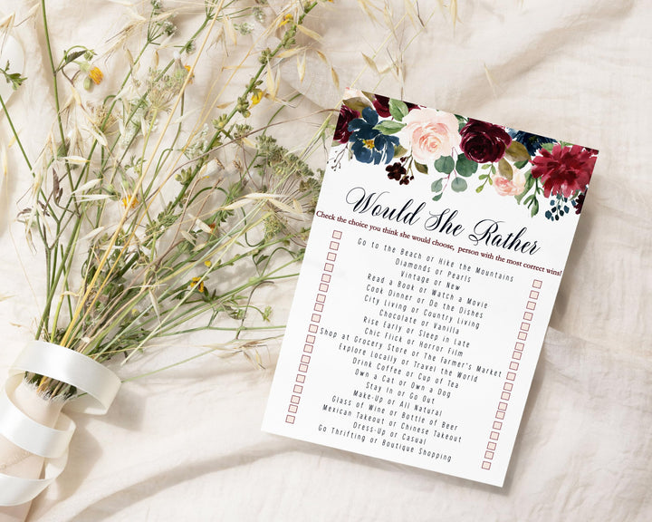 Would She Rather Rustic Burgundy & Navy Indigo Floral Bridal Shower Game - 5x7 Cards for 25 Guests - Paper Clever Party