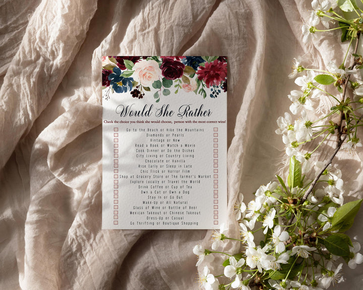 Would She Rather Rustic Burgundy & Navy Indigo Floral Bridal Shower Game - 5x7 Cards for 25 Guests - Paper Clever Party