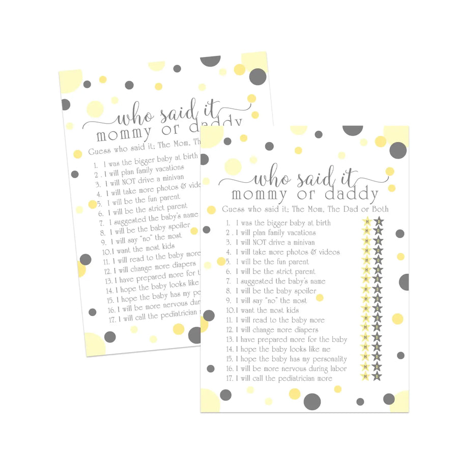 Yellow and Grey Baby Shower Game 25 Guest Pack - Paper Clever Party