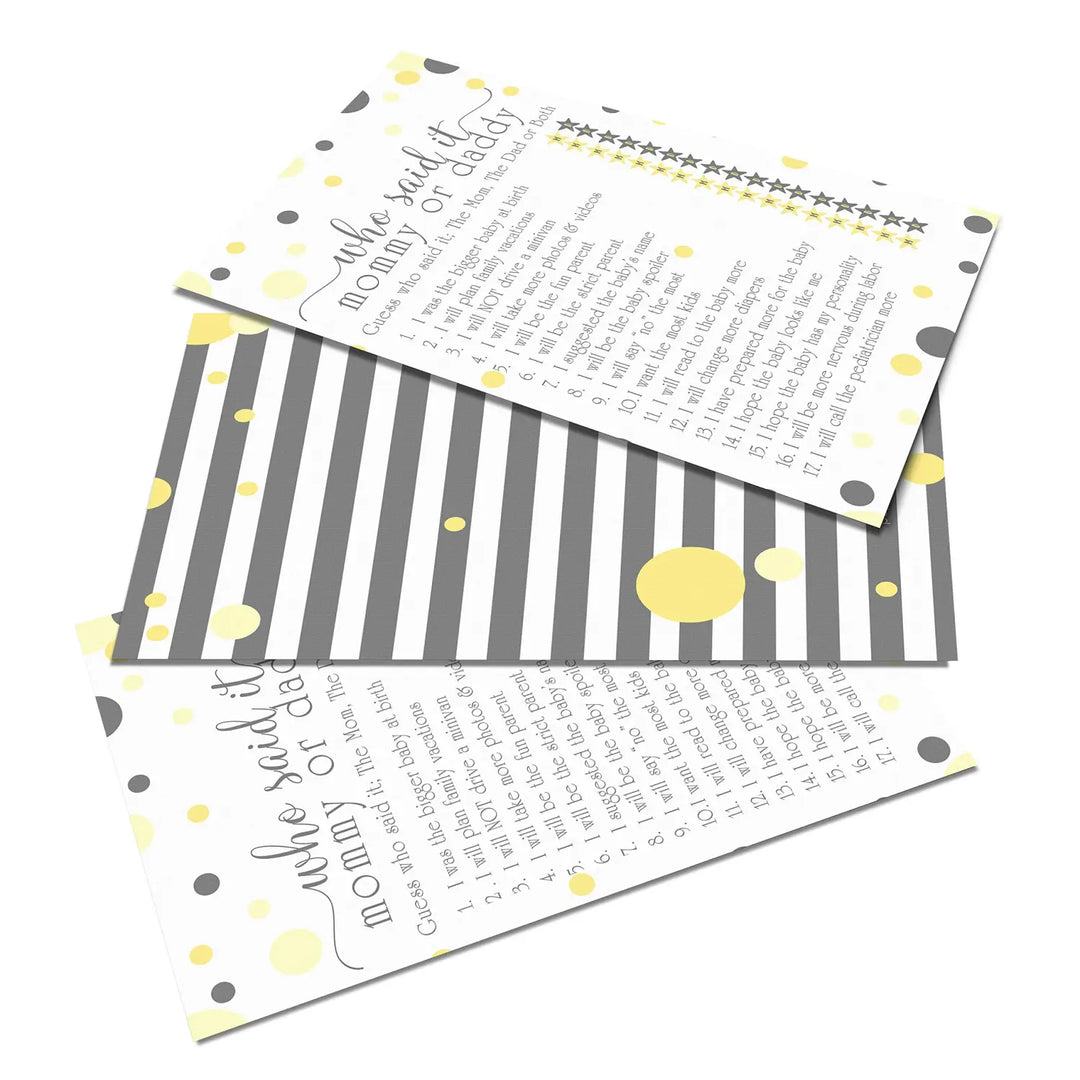 Yellow and Grey Baby Shower Game 25 Guest Pack - Paper Clever Party