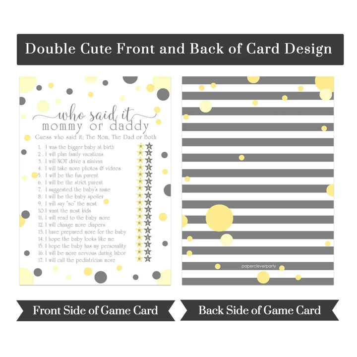 Yellow and Grey Baby Shower Game 25 Guest Pack - Paper Clever Party